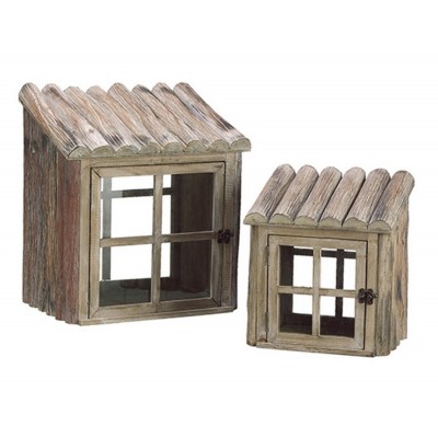 Set of 2 Natural Country Rustic Wooden Nesting Greenhouse Terrariums 12"-17"   